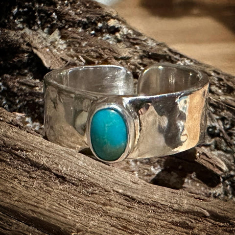 Sleeping Beauty Turquoise Hammered Sterling Silver Band, Size 8.5 adjustable