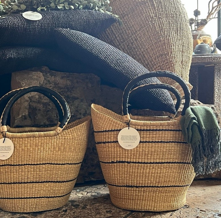 Leather handle woven basket tote from Botswana