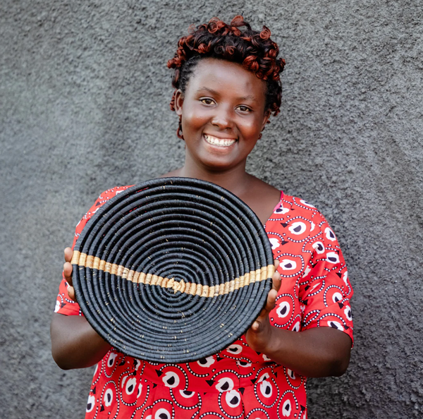 Large Banana Striped Black Round Basket from Uganda